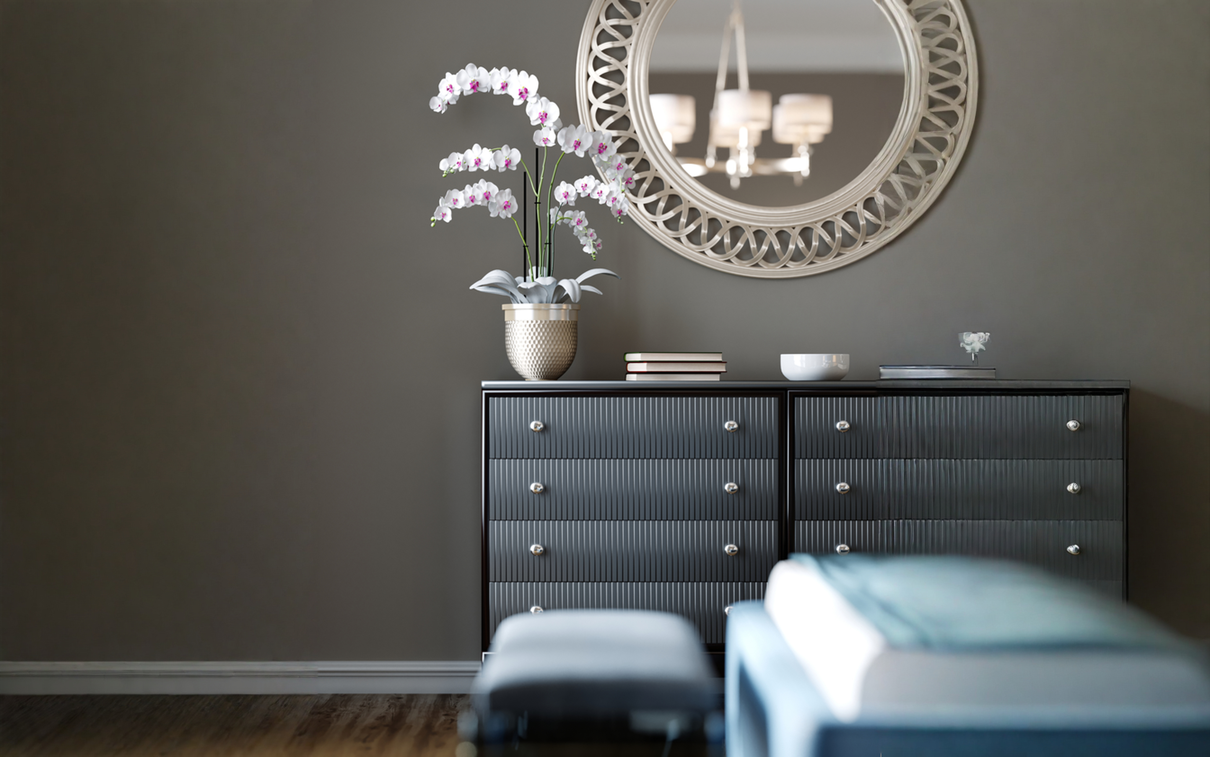 A black dresser with wood accents A black dresser with wood accents
