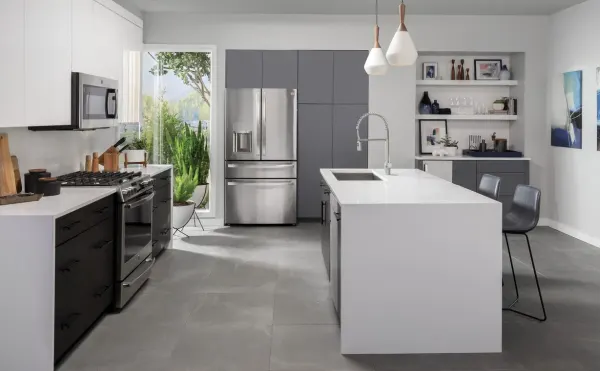 The GE Profile PVD28BYNFS refrigerator in a kitchen 