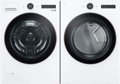 Front view of the LG WM6500HWA washer and LG DLEX6500W dryer laundry pair 