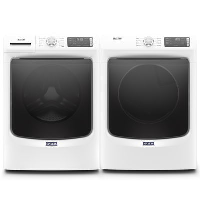 Front view of the Maytag MHW5630HW washer and Maytag MED5630HW dryer laundry pair 