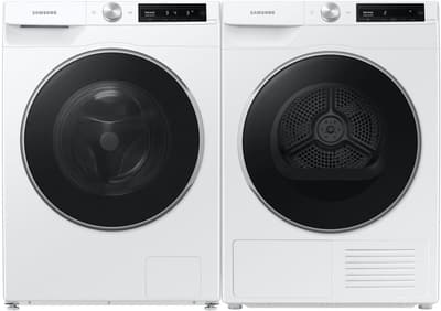 Front view of the Samsung WW25B6900AW washer and Samsung DV25B6900HW dryer laundry pair 