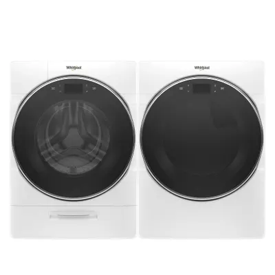 Front view of the Whirlpool WFW9620HW washer and Whirlpool WED9620HW dryer laundry pair 