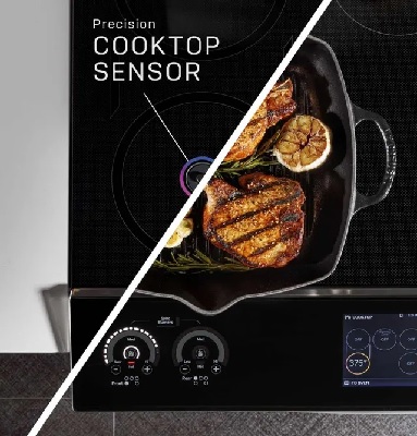 A graphic showing the GE Profile PHS930YPFS range overhead with a split screen showing an entrée cooking and a text for the Precision Cooktop Sensor