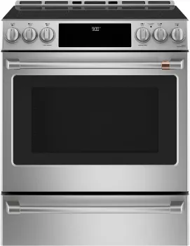 Front view of the Cafe CHS900P2MS1 induction range 