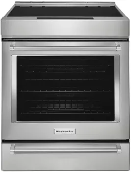 Front view of the KitchenAid KSIS730PSS induction range 