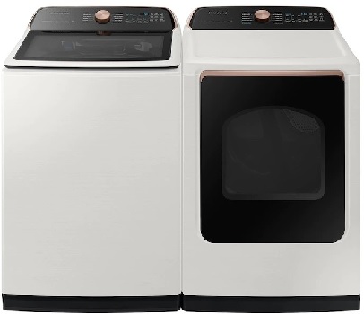 Front view of a Samsung washer and dryer pair featuring the Samsung WA55A7300AE washer and Samsung DVE55A7300E dryer 