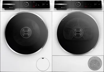 Front view of a laundry pair featuring the Bosch 500 Series WGB24600UC washer and Bosch 500 Series WQB245B0UC dryer 