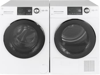 Front view of a laundry pair featuring the GE GFW148SSMWW washer and GE GFT14ESSMWW dryer