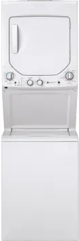 Front view of the GE GUD24ESSMWW Spacemaker washer dryer unit 