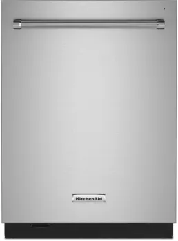 A close-up of the KitchenAid KDTM604KPS dishwasher