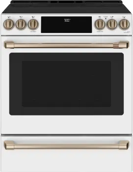 Cafe Induction Range Front view of Café CHS900P4MW2 30-inch slide-in induction range in white and gold finish