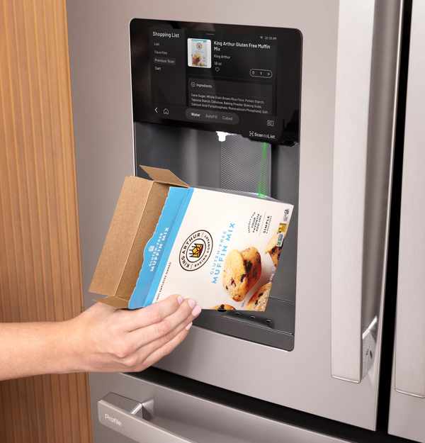Person scanning a boxed item on the GE Profile Scan-to-List feature GE Profile Scan-to-List feature