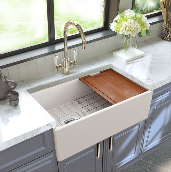 The Nantucket T-PS30W workstation sink in a farmhouse kitchen 