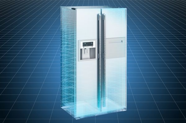 A 3D rendering of a side by side refrigerator on a grid 