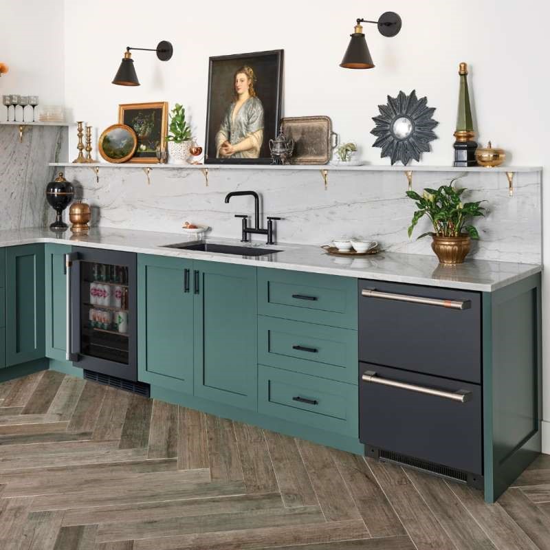 Front view of a modern kitchen with a black Cafe double drawer dishwasher