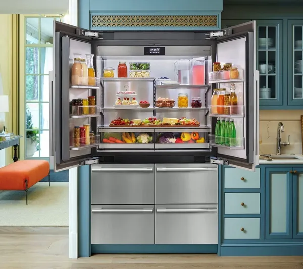 An open SKS French door refrigerator