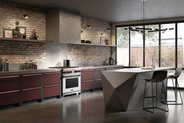 A Wolf 36" gas range in a high-end kitchen