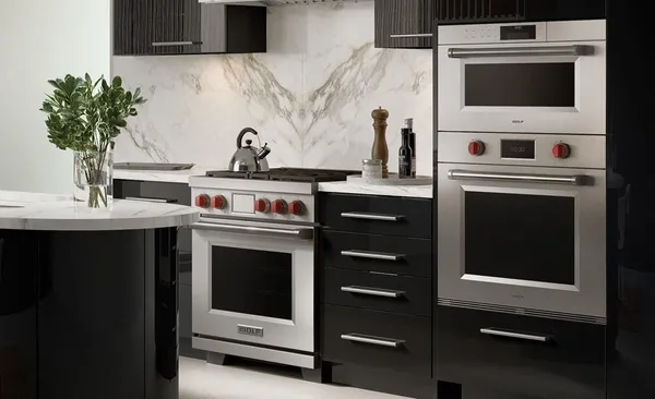 A Wolf range and oven in a luxury kitchen