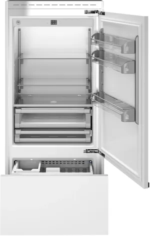 Front view of an open Bertazzoni REF36BMBIPRT panel ready refrigerator 