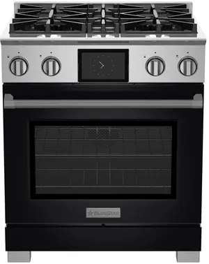 Front view of the BlueStar BSDF304BLCFPLT dual fuel range