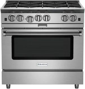 Front view of the BlueStar BSP366BC 36” gas range