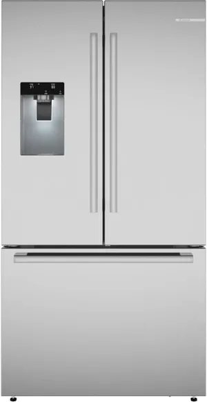 Front view of the Bosch 800 Series B36FD52SNS French door refrigerator