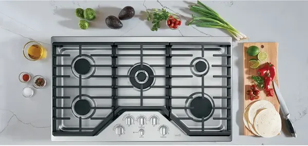 Overhead view of a Cafe 36" gas cooktop