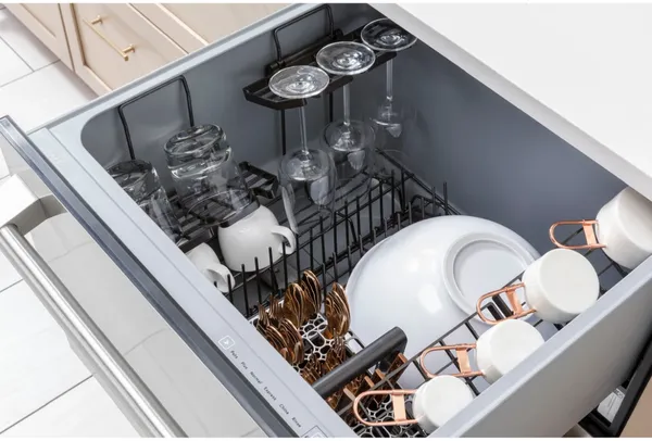 Overhead view of dishes inside the Cafe CDD220P4WW2 drawer dishwasher