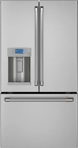 Front view of the Cafe CFE28TP2MS1 French door refrigerator 