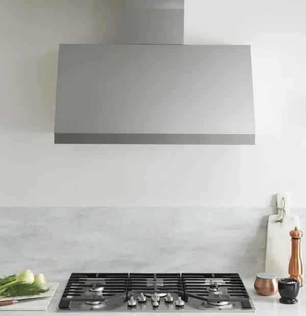 Front view of the Cafe CGP95362MS1 cooktop and range hood 