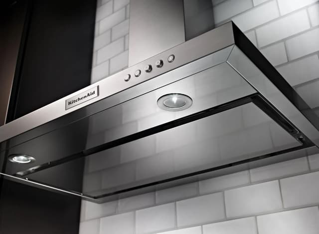 Close view of a KitchenAid wall mount range hood Close view of a KitchenAid wall mount range hood