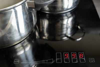 A close-up of cookware on a flat top stove