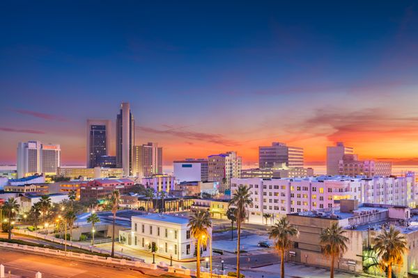 A wide view of the Corpus Christi metro during dusk 