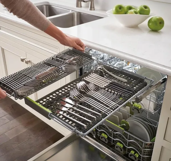 A person removing a part of the Cove DW2450 dishwasher third rack