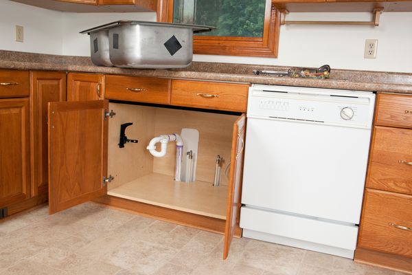 An open kitchen sink cabinet with plumbing 