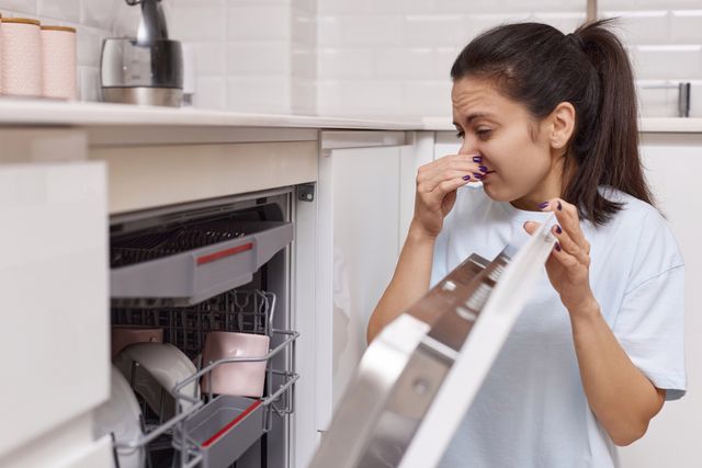 Front view of a woman holding her nose at a stinky opened dishwasher that needs cleaned