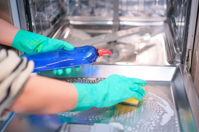Front view of a person scrubbing the inside of a dishwasher