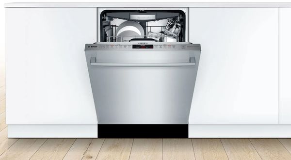 An open Bosch 800 Series dishwasher
