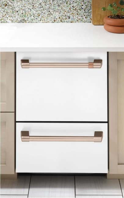 White Cafe drawer dishwasher with gold handles