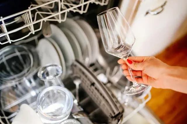 View of a person holding a wine glass over their dishwasher View of a person holding a wine glass over their dishwasher