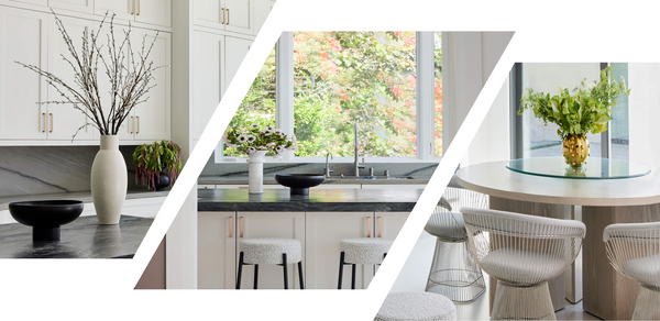A series of images of a white, well-lit kitchen with lots of natural fibers, glass and stone. Designed by Nina Takesh