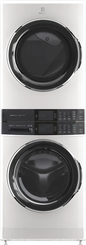 Front view of the Electrolux ELTE7600AW stacked washer and dryer set