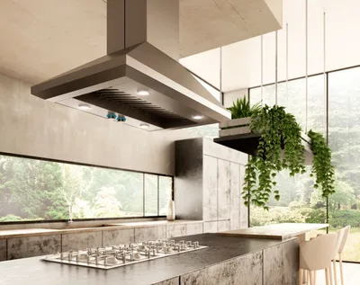 Credit: Elica The Elica ELI136S2 range hood over a cooktop in a luxury kitchen