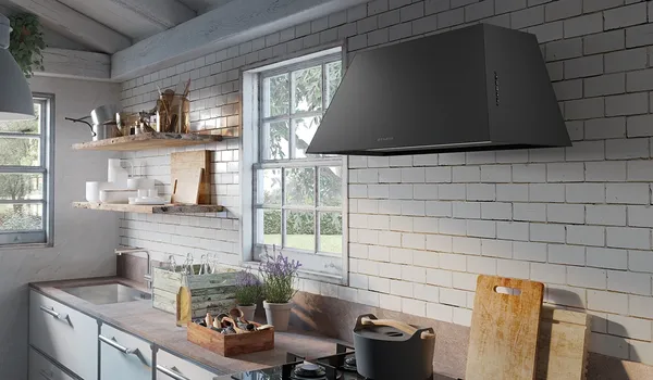 The Faber Chloe CHLO36BK600 range hood in a modern kitchen 