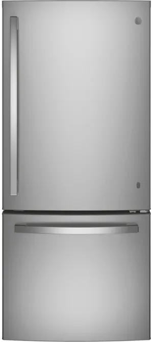Front view of the GE GBE21DYKFS bottom freezer refrigerator