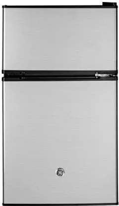 Front view of the GE GDE03GLKLB compact refrigerator 