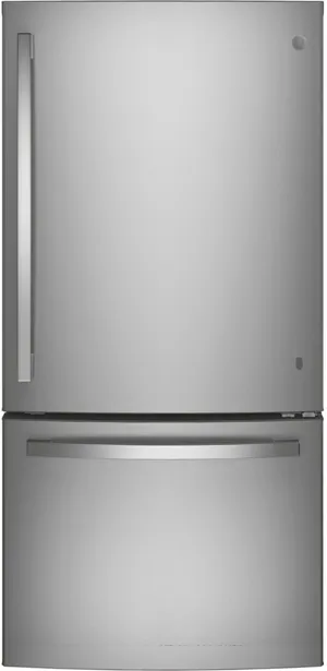 Front view of the GE GDE25EYKFS bottom freezer refrigerator