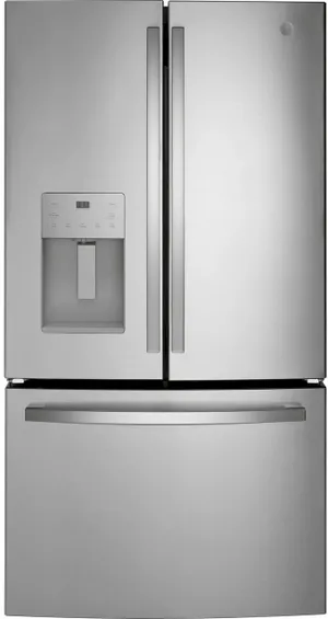 Front view of the GE GFE26JYMFS French door refrigerator 