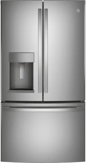 Front view of the GE GFE28GYNFS French door refrigerator
