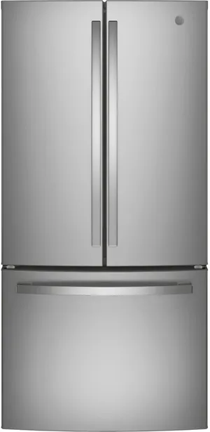 Front view of the GE GNE25JYKFS 33” French door refrigerator